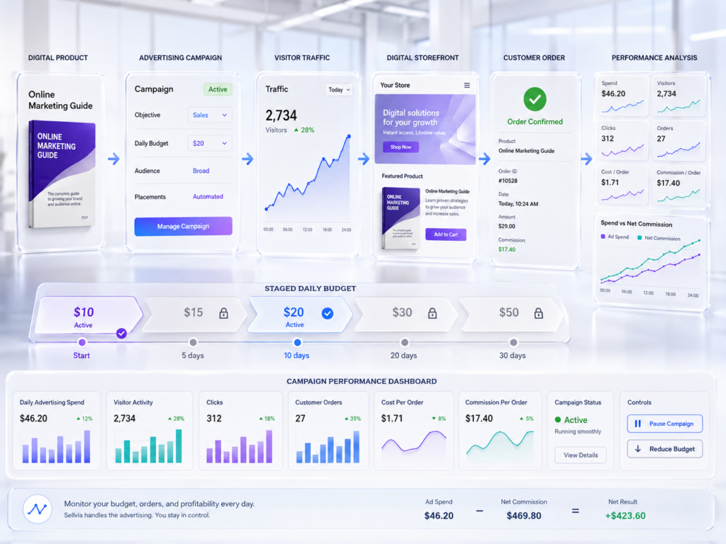 Sellvia built-in ads dashboard showing budget levels, visitor traffic, orders, and cost-per-order monitoring.