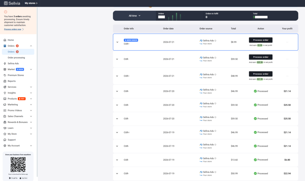 Sellvia orders dashboard
