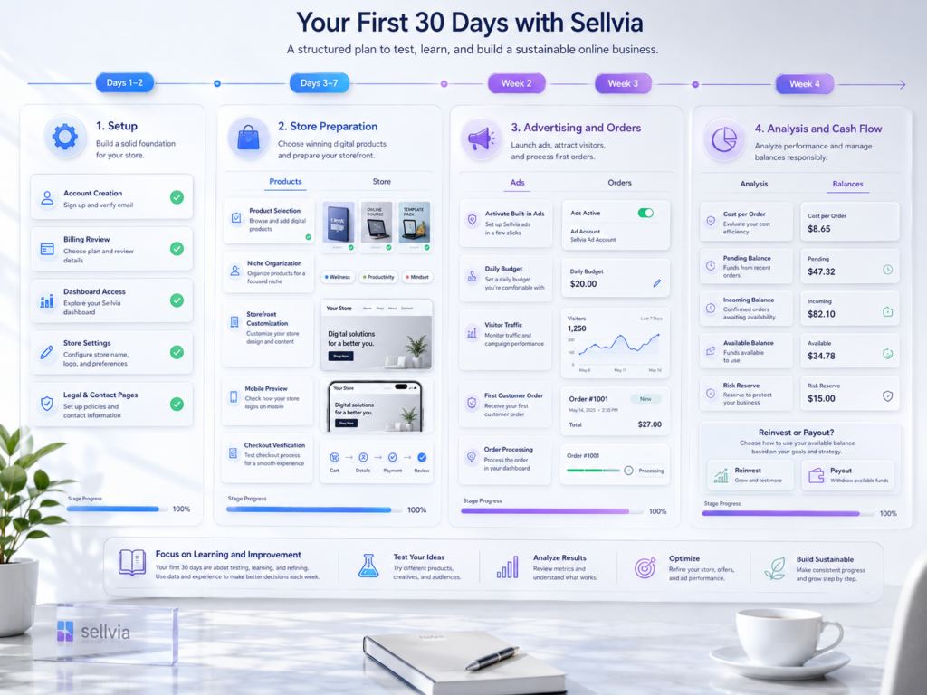 Sellvia first 30 days workflow covering account setup, products, advertising, orders, balances, and performance analysis.