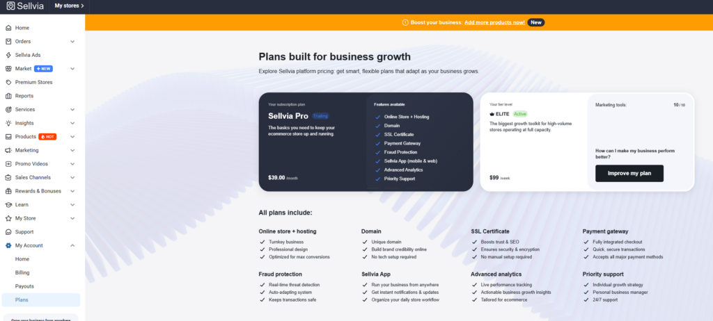 Sellvia dashboard showing the $39 monthly Sellvia Pro subscription and $99 weekly Elite Performance Tier